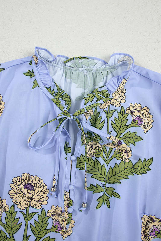 Sky Blue Floral Print Button Tie Neck Long Puff Sleeve Blouse