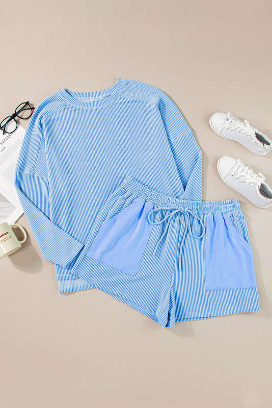 Light Blue Plus Size Ribbed Long Sleeve Top and Drawstring Shorts Set