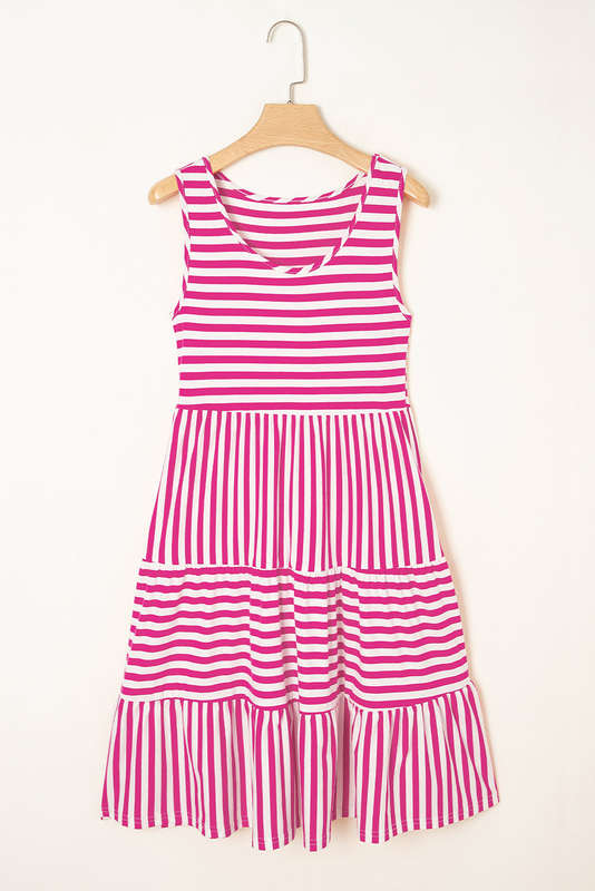 Rose Stripe U Neck Sleeveless Loose Fit Mini Dress
