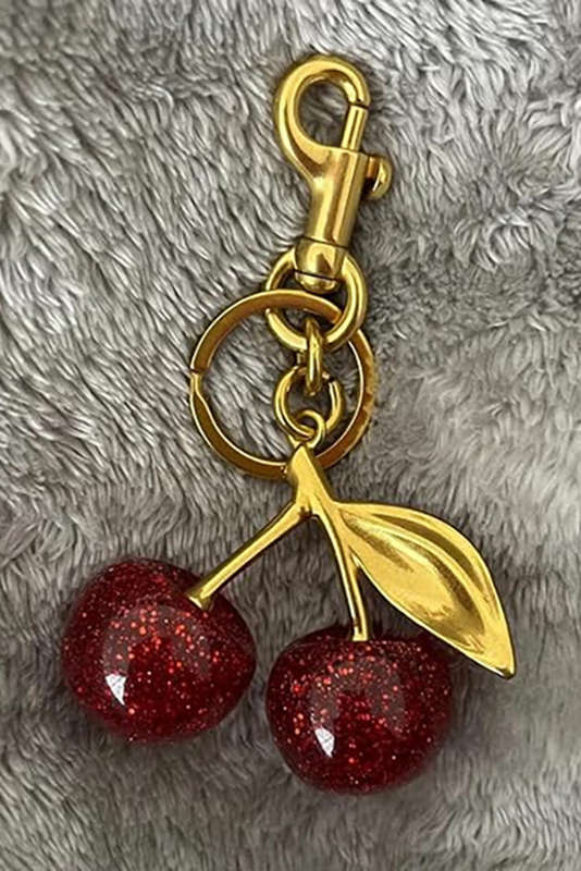Gold Glitter Cherry Shape Plated Alloy Keychain
