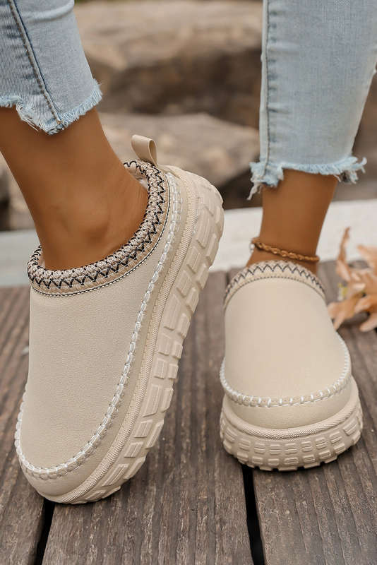 White Contrast Stitch Detail Faux Suede PU Patchwork Plush Winter Clog Slippers