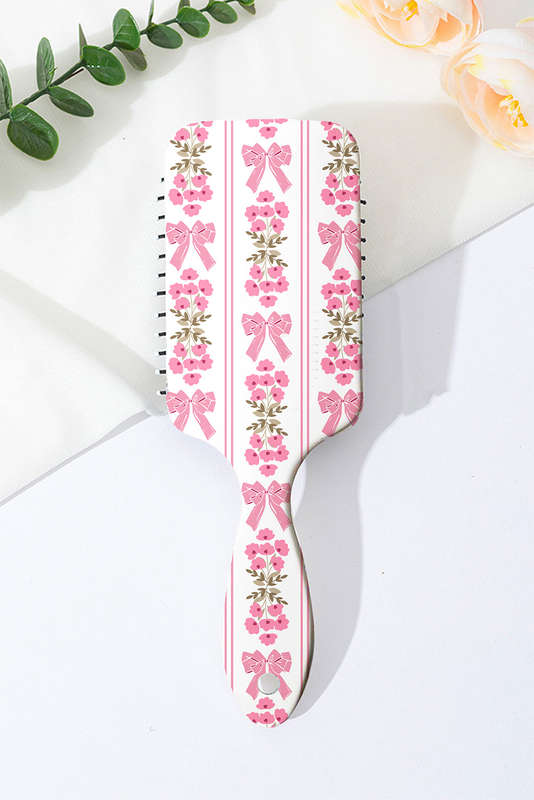 Pink Floral Bow Print Long Handle Air Cushion Comb
