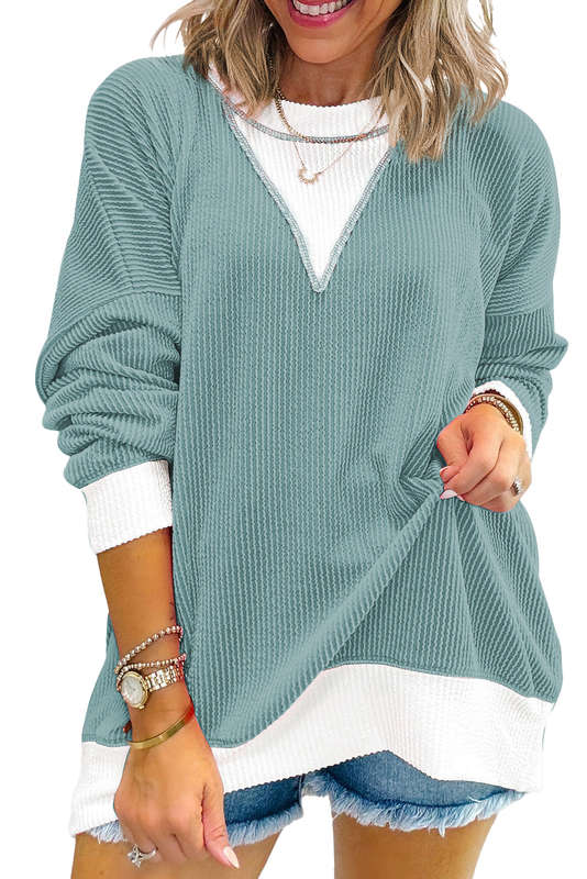 Light Blue Corded Colorblock Drop Shoulder Loose Top