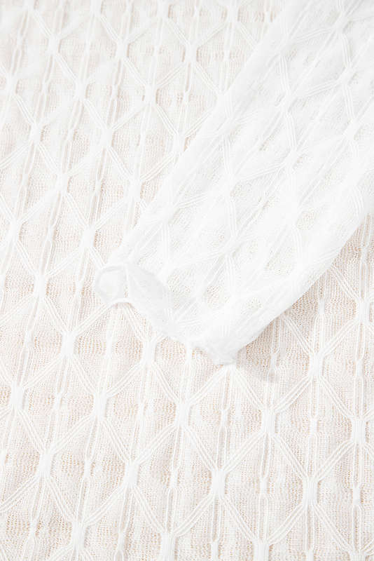 Beige Sheer Mesh Patterned Lettuce Trim Slim Long Sleeve Top