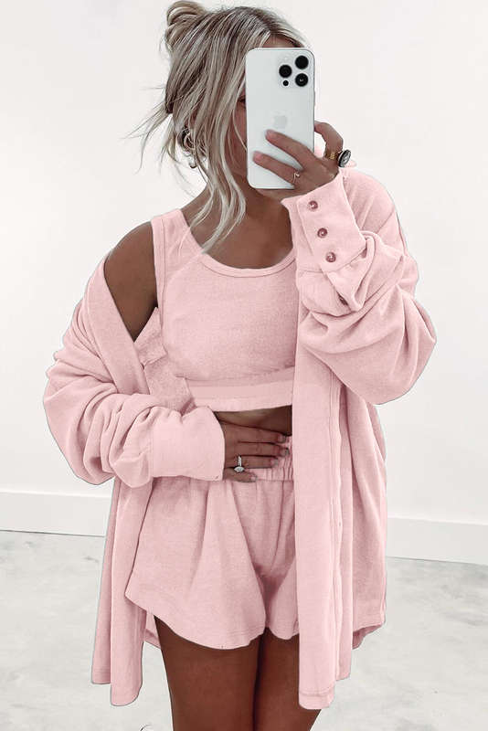 Light Pink 3 Pcs Crop Tank Top Shorts with Cardigan Lounge Set