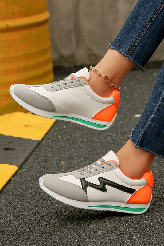 White PU Leather Color Block Patchwork Lace Up Sneakers