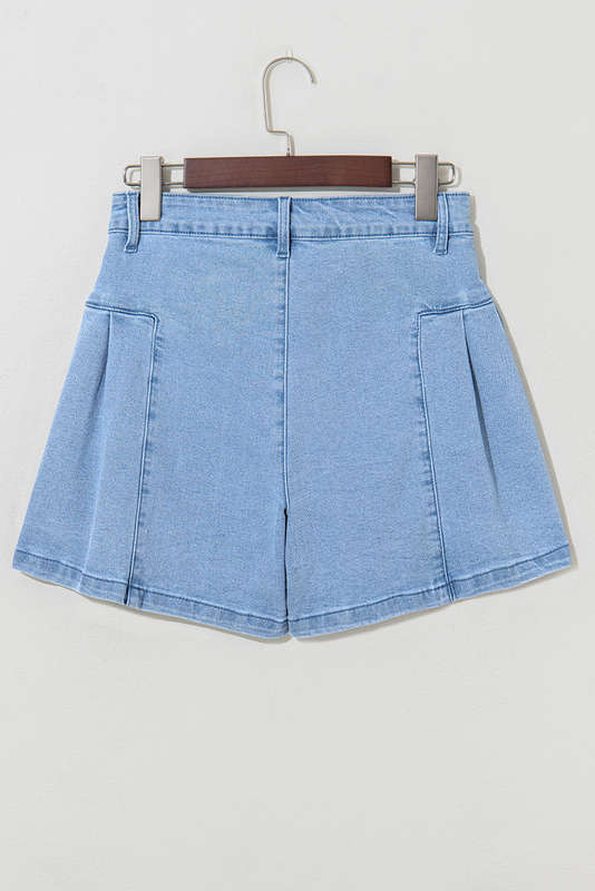 Dusk Blue Pleated Patchwork Wide Leg Lightweight Denim Shorts