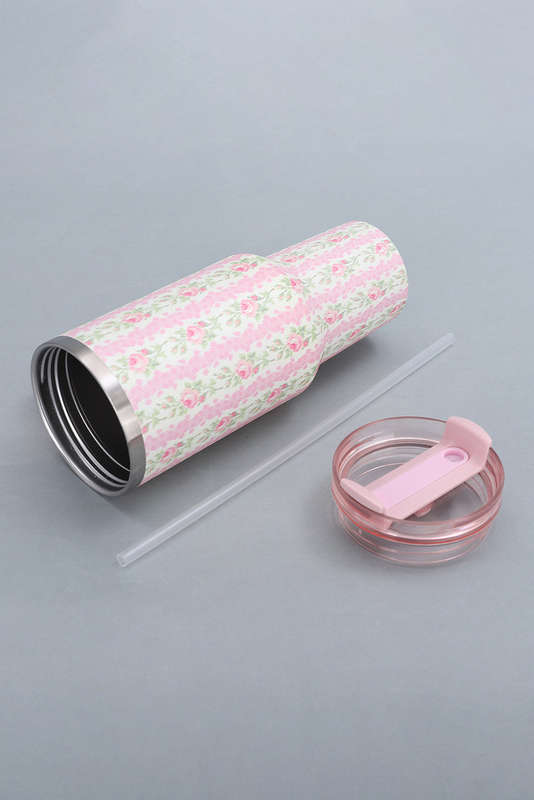 Pink Flower Print Large Insulated Tumbler with Handle 40oz