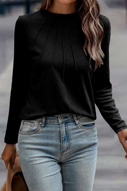 Black Solid Color Seam Detail Raglan Long Sleeve Top