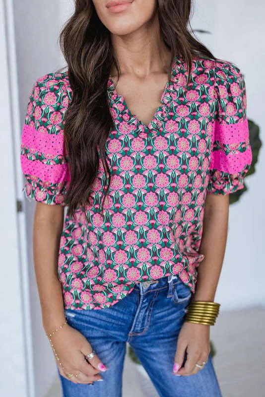Sachet Pink V-Neck Ruffle Abstract Floral Print Puff Sleeve Top