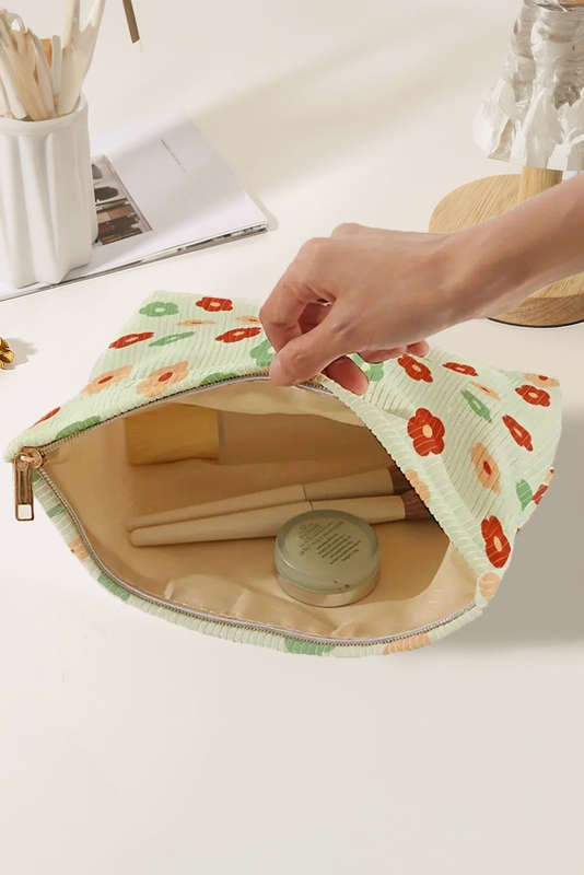 Clearly Aqua Flower Print Corduroy Zipper Makeup Storage Bag