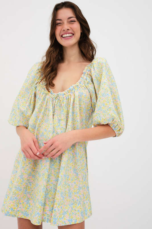 Green Floral Half Sleeve Frilled U Neck A-line Short Dress