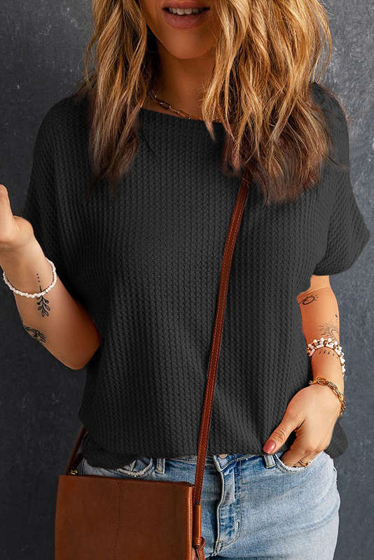 Black Waffle Knit Boat Neck Short Sleeve Top