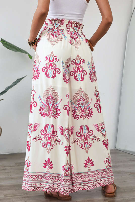 Rose Boho Printed Shirred High Waist Flowy Wide Leg Pants