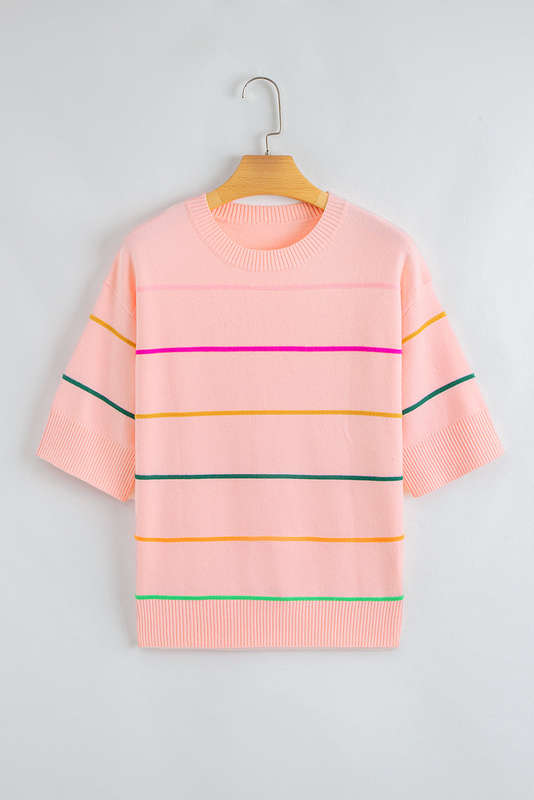 Pink Colorblock Striped Half Sleeve Drop Shoulder Sweater