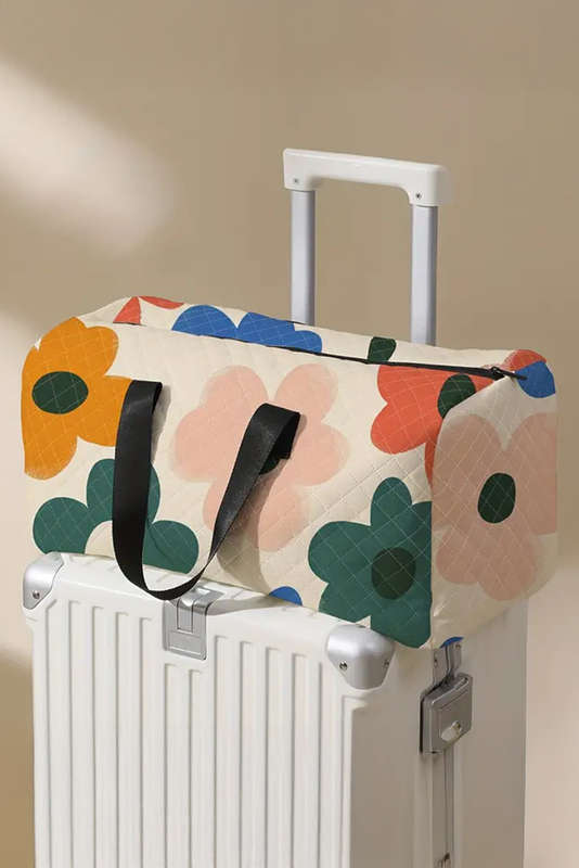 White Flower Print Quilted Large Duffel Bag