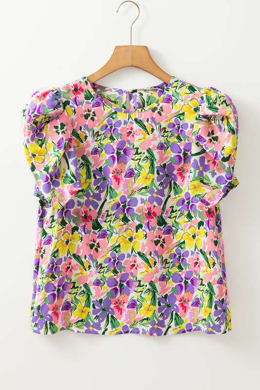 Purple Floral Print Puff Short Sleeve Crew Neck Blouse