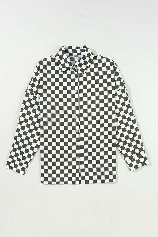 Green Checkerboard Printed Drop Shoulder Loose Casual Shirt