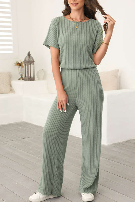 Laurel Green Ribbed Keyhole Short Sleeve Wide Leg Jumpsuit