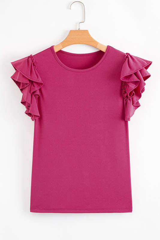 Rose Red Short Ruffle Sleeve Round Neck Blouse
