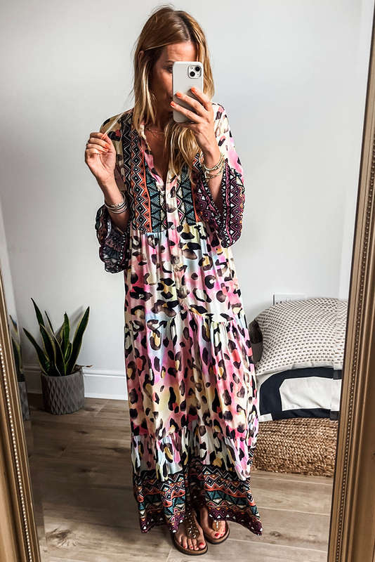 Pink Western Leopard Printed 3/4 Sleeve Buttoned Front Tiered Maxi Dress