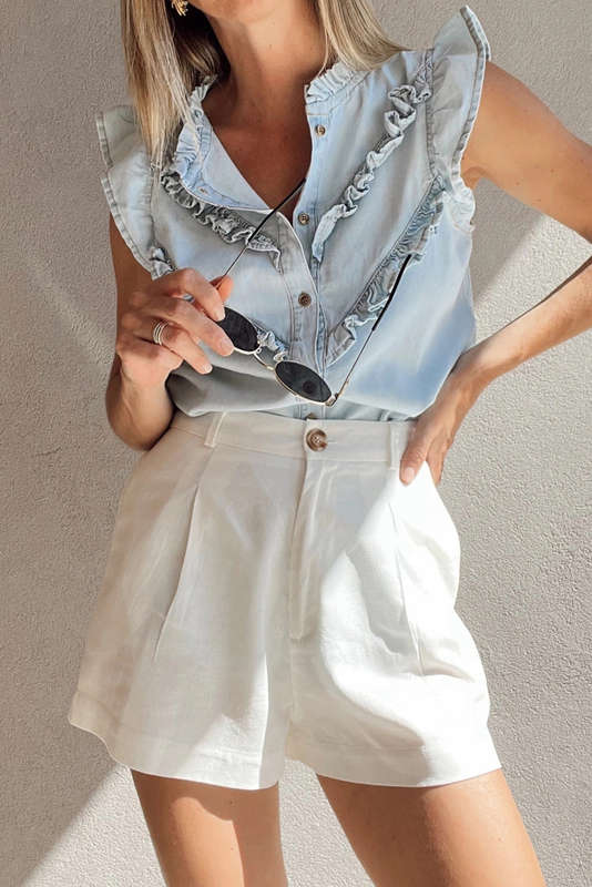 Beau Blue Mineral Wash Cap Sleeve Frilled Button Up Denim Shirt