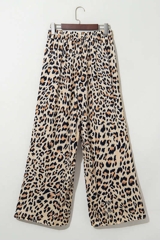 Parchment Leopard Drawstring Elastic Waistband Flowy Wide Leg Pants