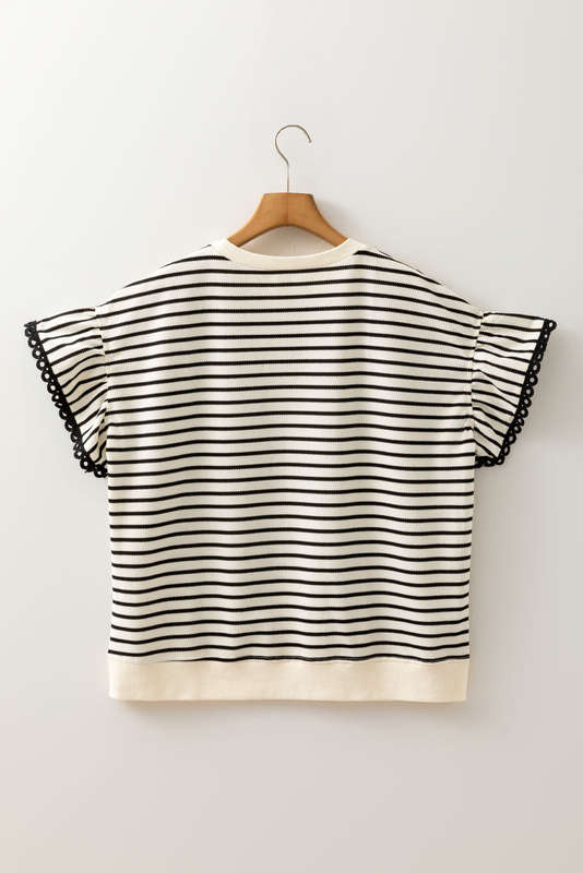Black Stripe Eyelet Trimmed Ruffled Short Sleeve Plus Size Top