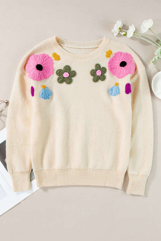 Beige Knitted Flower Pattern Ribbed Edge Sweater