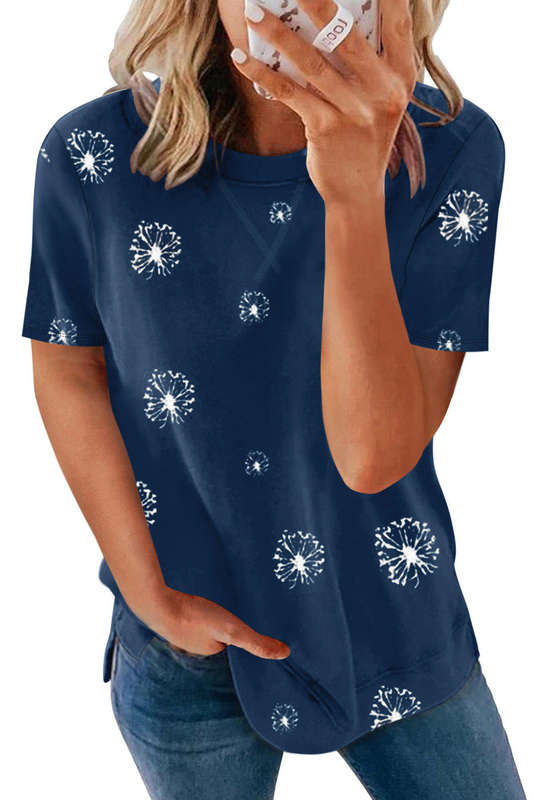 Blue Dandelion Print Crew Neck T-shirt