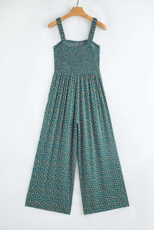 Green Floral Print Smocked High Waist Square Neck Jumpsuit