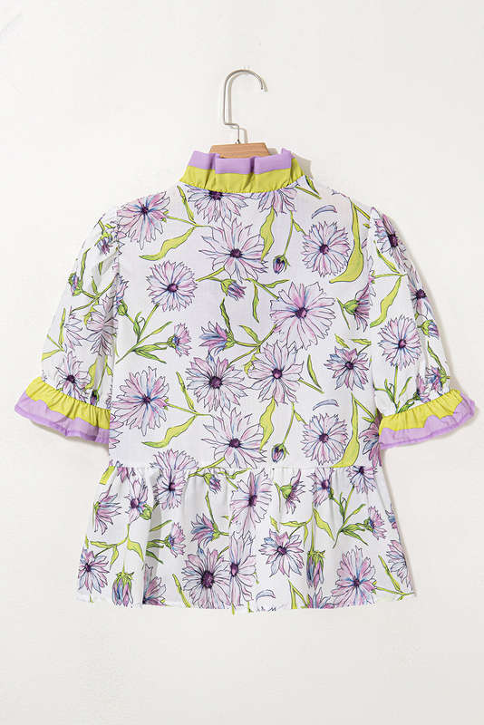 Purple Floral Print Striped Detail Split Neck Flounce Short Sleeve Peplum Blouse
