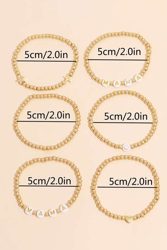 Gold 6Pcs MAMA Heart Star Shape Beaded Bracelet Set