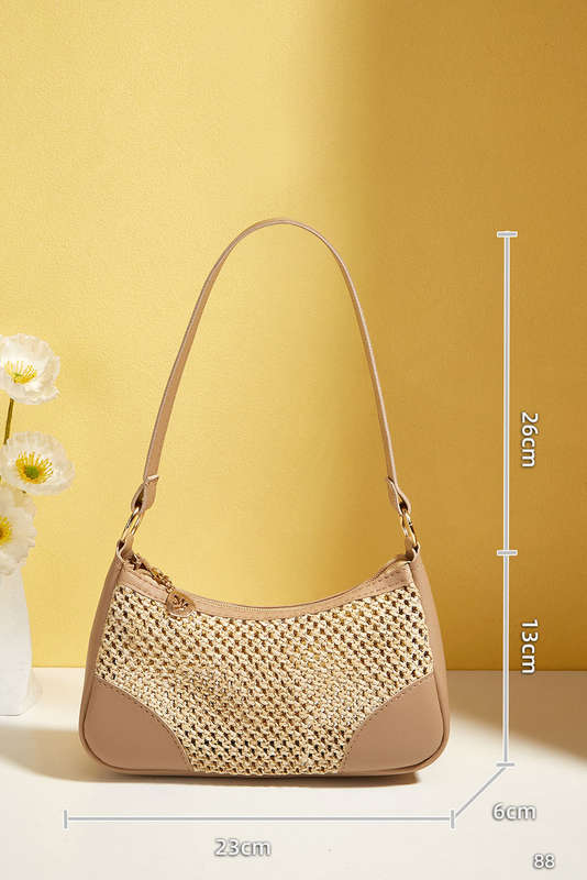 Khaki Straw Woven PU Leather Patchwork Shoulder Bag