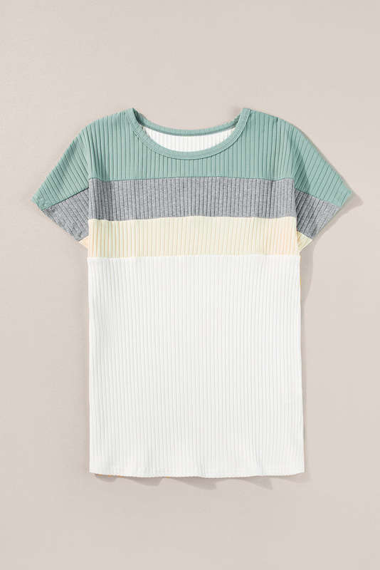 Moonlight Jade Ribbed Color Block Patchwork T-shirt