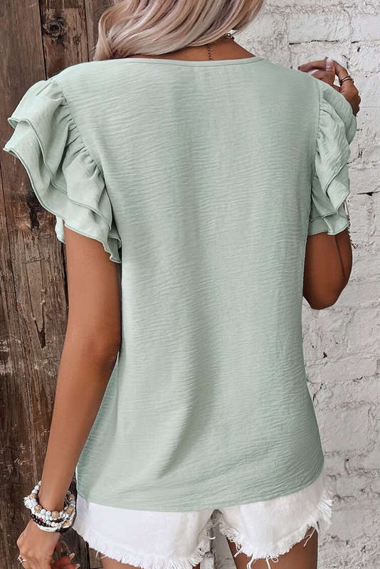Clearly Aqua Solid Color Ruffled Short Sleeve Casual Blouse