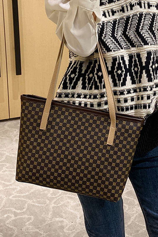Dark Brown Geometric PU Leather Shoulder Bag
