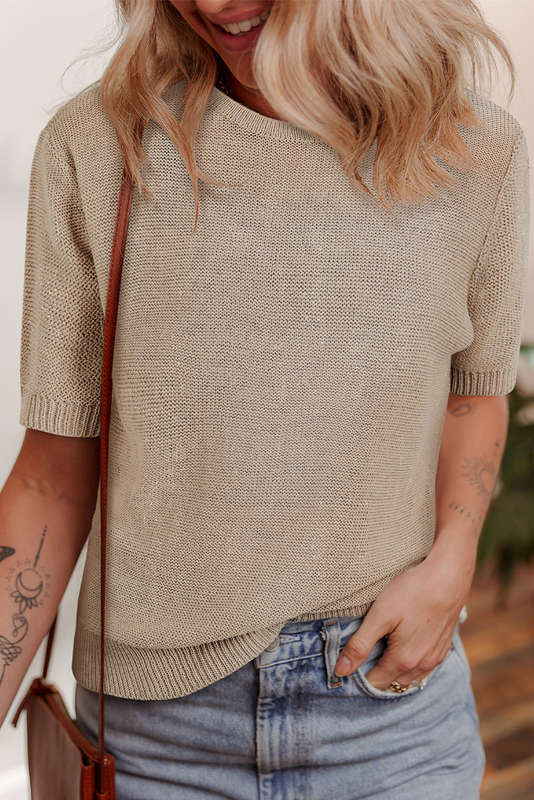 Beige Shiny Knitted Short Sleeve Drop Shoulder Sweater