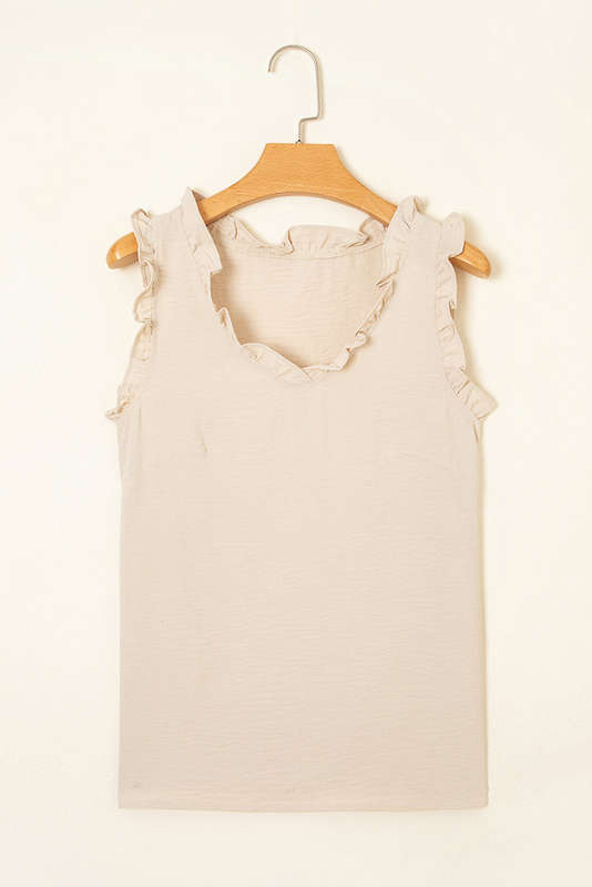 Parchment Textured Frilly Trim V Neck Sleeveless Top