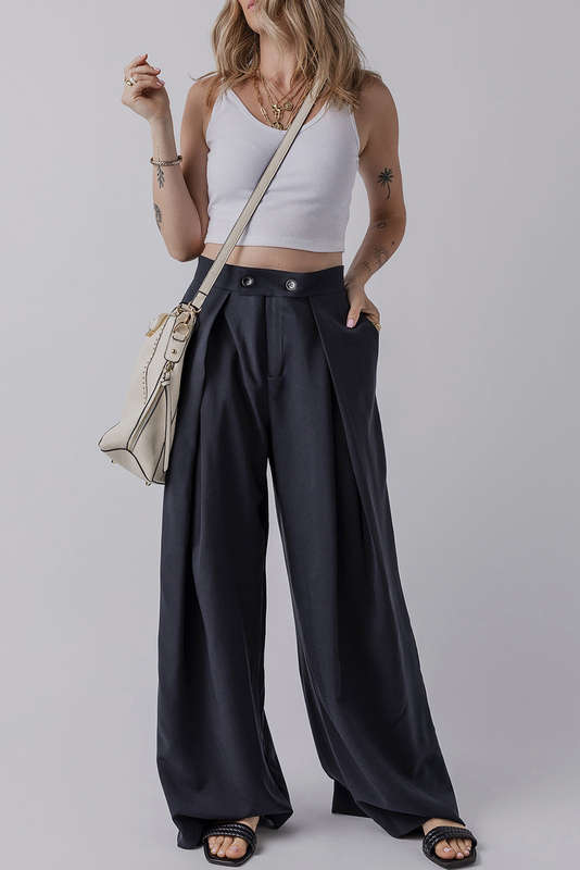 Dirty blue Dual Buttoned High Waist Pleated Wide Leg Pants