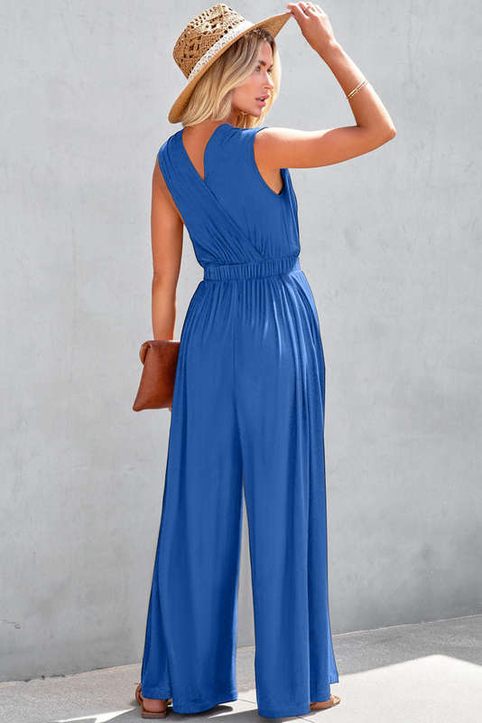 Sky Blue Deep V Pleated Crisscross Wide Leg Backless Jumpsuit