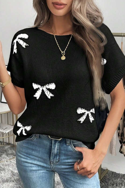Black Bow Pattern Knit Short Sleeve Sweater