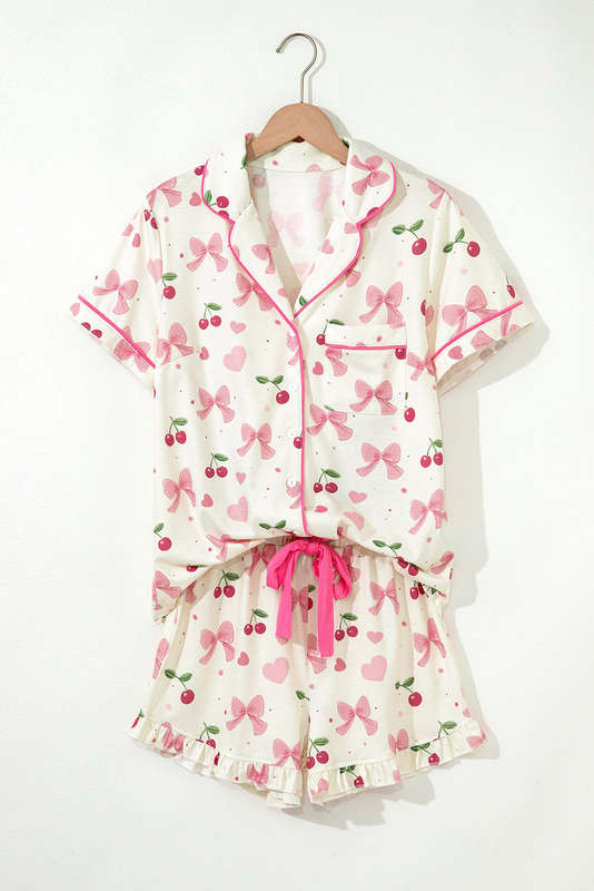 Beige Bow Fruit Print Contrast Pipping Short Pajamas Set