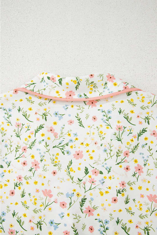 White Floral Print Contrast Pipping Short Pajamas Set