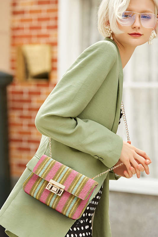 Pink Stripe Woven Flap Chain Strap Shoulder Bag