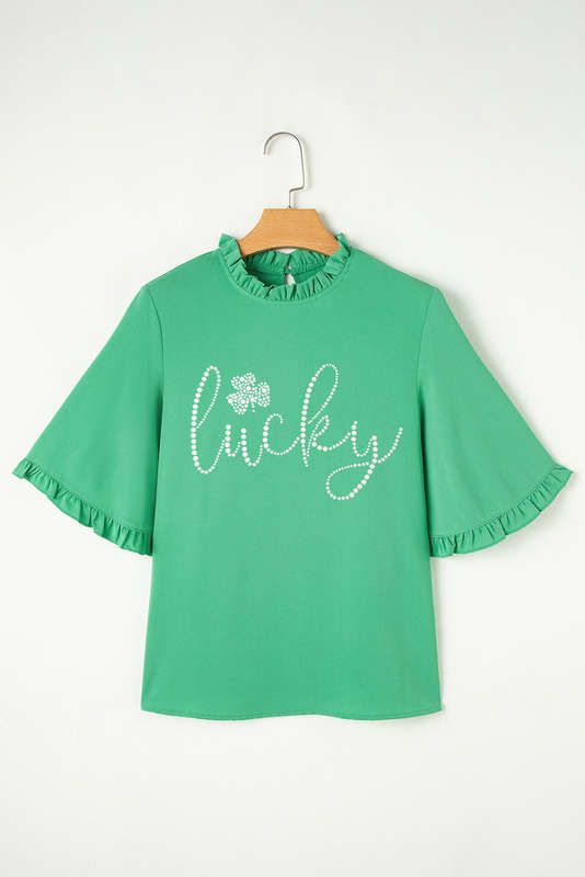 Green Ceramic Rhinstone lucky Clover Graphic Frilled Bell Sleeve Blouse