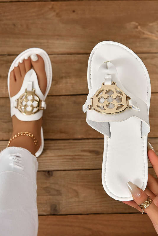 White Metal Décor Leather Thong Slippers