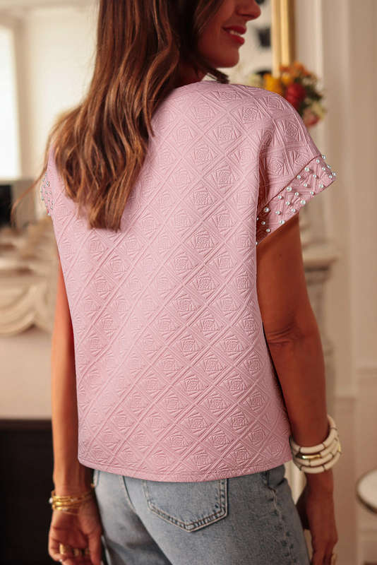 Light Pink Pearl Embellished Flower Textured T Shirt