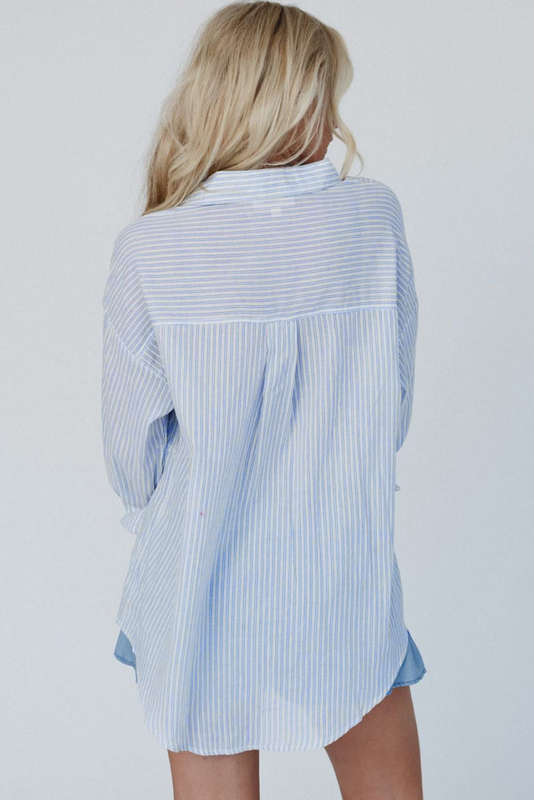 Blue V-Neck Knitted Summer Top with Exposed Seams