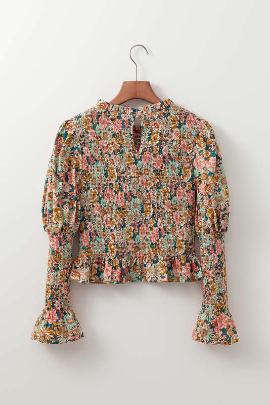 Yellow Floral Print Smocked Bubble Sleeve Ruffled Crop Top